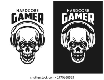 Video games related t-shirt design. Hardcore gamer quote text phrase quotation. Agressive skull in headphones. Vector vintage illustration.