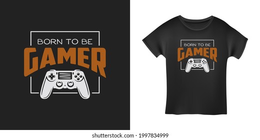 Videospiele zum T-Shirt-Design. Handgezeichneter Joystick-Gamepad-Controller. Geboren zu sein Glücksspiel Zitat-Satz Zitat Zitat. Vektorgrafik von Vintage.