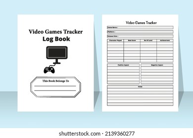 Video games score tracker journal interior. Daily online games score and achievement tracker template. Interior of a notebook. Video games character information and score checker logbook interior.