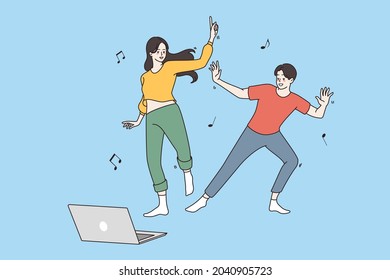 Video Games And Technologies Concept. Young Smiling Couple Girl And Boy Cartoon Characters Dancing And Enjoying Playing Video Online Game Together Vector Illustration 