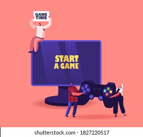 Video Games Technology, Entertainment Industry, Gaming Recreation or Hobby Concept. Tiny Male and Female Characters Playing Virtual Reality Videogames at Huge Pc. Cartoon People Vector Illustration