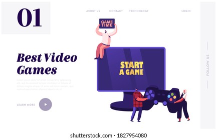 Video Games Technology, Gaming Entertainment Recreation, Hobby Landing Page Template. Tiny Male and Female Characters Playing Virtual Reality Videogames at Huge Pc. Cartoon People Vector Illustration