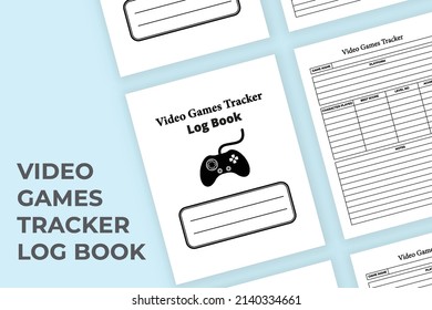 Video games tracker journal interior. Daily games score and character information checker notebook interior. Interior of a log book. Video games score and achievement tracker logbook template.