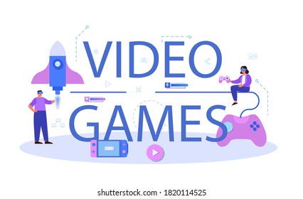 Video games typographic header. Creative process of a computer video game design. Digital technology, programming and codding. Isolated flat vector illustration