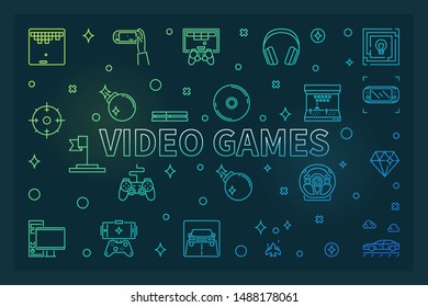 Video Games vector colored concept linear banner or illustration on dark background