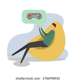 Concepto vectorial de videojuegos con figuras masculinas jugando videojuegos en su smartphone mientras piensa en un controlador, aislado en fondo blanco con tonos azules