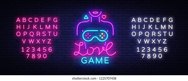 Video Games Vector Conceptual Logo. Love Game neon sign, modern trend design, bright vector illustration, promotional character games, light banner. Vector Illustration. Editing text neon sign