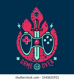 Video games vector illustration with gamepad and sword. Game over slogan. Vintage print for t-shirt. Cyber sport team emblem. Fashion illustration for apparel