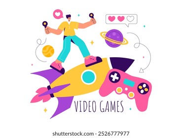 Vídeo Games Ilustração vetorial com programadores Jogando controladores Gamepad em lutas de console no Android, Mobile e computador em um plano de fundo plano