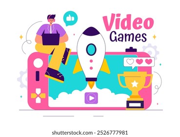 Vídeo Games Ilustração vetorial com programadores Jogando controladores Gamepad em lutas de console no Android, Mobile e computador em um plano de fundo plano