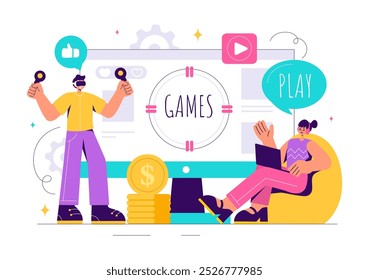 Vídeo Games Ilustração vetorial com programadores Jogando controladores Gamepad em lutas de console no Android, Mobile e computador em um plano de fundo plano