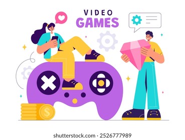 Vídeo Games Ilustração vetorial com programadores Jogando controladores Gamepad em lutas de console no Android, Mobile e computador em um plano de fundo plano