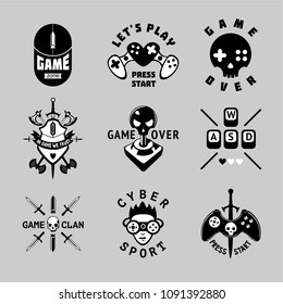 Video games vintage vector emblem set. Retro style gaming signs. T-shirts prints for gamers. Black and white tattoo.