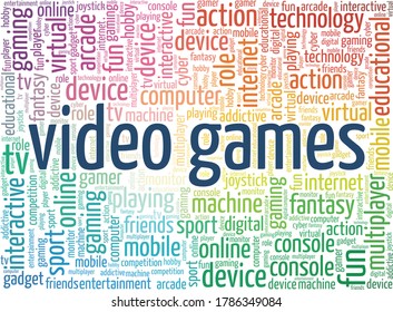 Video games word cloud isolated on a white background