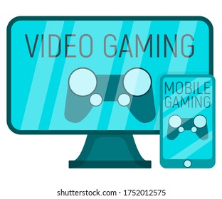 Video gaming concept device professional playing monitor gamepad and mobile gaming icon flat vector illustration, isolated on white. Modern technology, computer screen gear mobile phone, smartphone.