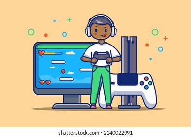 Video Gaming Concept In Flat Outline Design. Man In Headset Holding Gamepad, Standing Near Huge Computer And Joystick, Playing Virtual Game On Screen. Vector Illustration With Colorful Line Web Scene