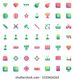 Video gaming elements collection, flat icons set, Colorful symbols pack contains - game console controller, computer keyboard and mouse. Vector illustration. Flat style design