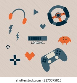 Video gaming elements set. Game console, joystick, controller, playing wheel isolated illustrations. Video game logos, symbols, icons collection in vector. Cartoon game design.