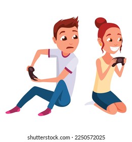 Video gaming kids. Boy and girl playing games on joystick on game console. Kids video game addiction. Joyful teenagers. Vector illustration of flat design