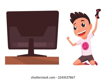 Video gaming kids. Boy playing games on joystick on game console. Kid video game addiction. Joyful teenager. Vector illustration of flat design