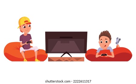 Video Gaming Kids. Boys Playing Games On Joystick On Game Console. Kids Video Game Addiction. Joyful Teenagers. Vector Illustration Of Flat Design