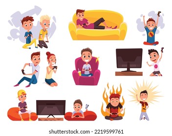 Video Gaming Kids Set. Boys And Girl Playing Games On Joystick On Game Console. Kids Video Game Addiction. Joyful Teenagers. Vector Illustration Of Flat Design