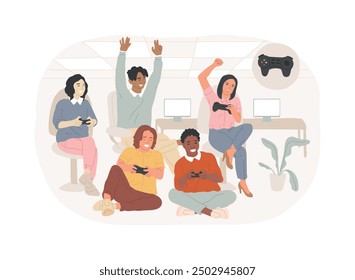 Video gaming lounge isolated cartoon vector illustrations. Happy colleagues play video games in an office lounge zone, entertainment time together, modern workplace, work break vector cartoon.