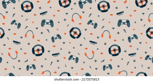 Video Gaming Pattern. Game Console Background. Videogaming Seamless Pattern. Hand Drawn Computers Game Print, Paper. Game Console Vector Illustration Flyer, Poster Cover Packaging, Fabric Banner.