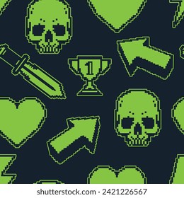 Patrón de videojuegos perfectamente verde con iconos de cráneo y corazón o espada y relámpago de 8 bits ilustración vectorial