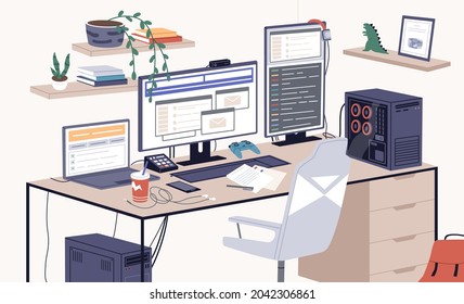 Video gaming and streaming setup with gamers desktop computer, laptop, joystick and accessories. Professional streamers equipment and chair. Flat vector illustration isolated on white background