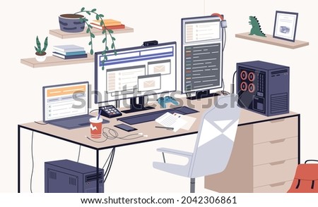 Video gaming and streaming setup with gamers desktop computer, laptop, joystick and accessories. Professional streamers equipment and chair. Flat vector illustration isolated on white background