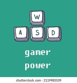 Video gaming t-shirt design - WASD keys used in PC video games. Gamer power.