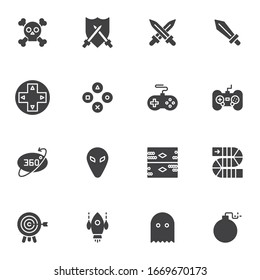 Video gaming vector icons set, modern solid symbol collection, filled style pictogram pack. Signs, logo illustration. Set includes icons as sword and shield, gamepad, console controller, alien, ghost