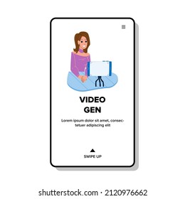 Video gen record. blogger podcast. live broadcast. food vlog home character web flat cartoon illustration
