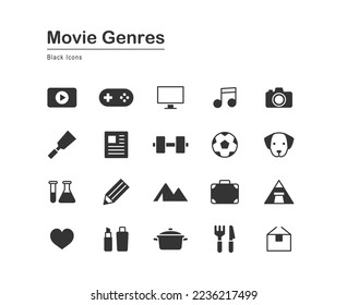 Video genre black icon set.