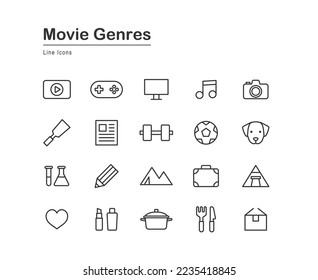 Video genre line drawing icon set.