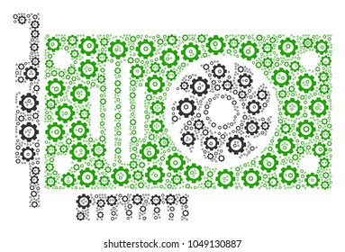 Video Gpu Card composition of cogs. Vector cog wheel objects are organized into video GPU card figure.