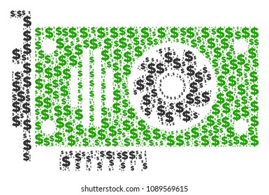 Video GPU card mosaic of dollar symbols and spheric spots. Vector dollar signs are organized into video GPU card illustration.