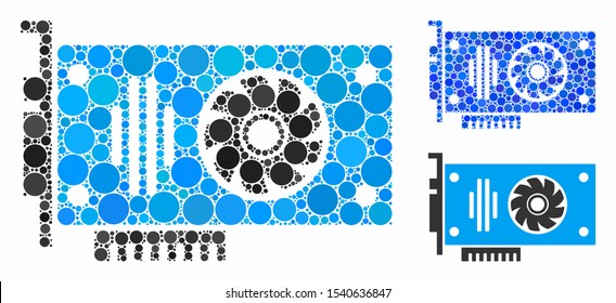 Video GPU card mosaic of filled circles in different sizes and color hues, based on video GPU card icon. Vector filled circles are organized into blue mosaic.