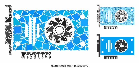 Video GPU card mosaic of irregular elements in variable sizes and shades, based on video GPU card icon. Vector raggy elements are united into mosaic. Video GPU card icons collage with dotted pattern.