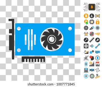 Video Gpu Card pictograph with bonus bitcoin mining and blockchain pictographs. Vector illustration style is flat iconic symbols. Designed for cryptocurrency websites.