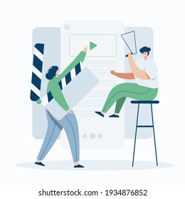 Video Grapher working with video web template, cartoon style Screen web template for mobile phone, landing page, template, UI, web, mobile app, poster, banner, flat Vector illustration