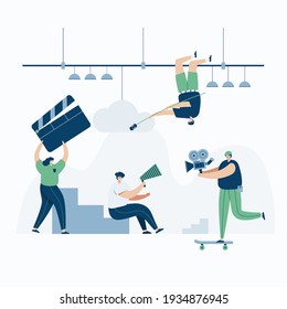 Video Grapher working with video web template, cartoon style Screen web template for mobile phone, landing page, template, UI, web, mobile app, poster, banner, flat Vector illustration