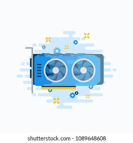 Video or Graphic Card Abstract Vector Template. Flat Style GPU Crypto Currency Mining Hardware Illustration. Personal Computer Component with Gears and Sparks Icons. Isolated.