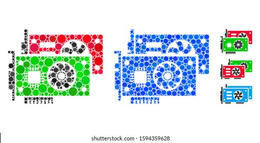 Video graphic cards composition of filled circles in various sizes and color hues, based on video graphic cards icon. Vector random circles are organized into blue collage.