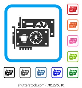 Video Graphic Cards icon. Flat grey pictogram symbol in a blue rounded squared frame. Black, gray, green, blue, red, orange color versions of Video Graphic Cards vector.