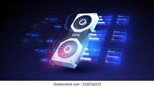 Video Graphics Card für kryptowährendes Mining oder Gaming. GPU Graphic card Illustration auf geometrischem Hintergrund.