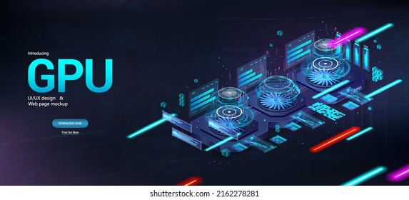 Video Graphics Card - GPU for mining cryptocurrency or gaming. Video card with three cooling coolers, and a futuristic interface HUD. Mining crypto currency, gaming, ray tracing, rendering. GPU Vector