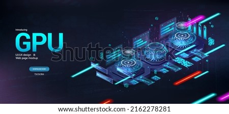 Video Graphics Card - GPU for mining cryptocurrency or gaming. Video card with three cooling coolers, and a futuristic interface HUD. Mining crypto currency, gaming, ray tracing, rendering. GPU Vector