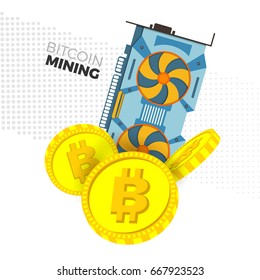 Video graphics card producing cryptocurrency coins vector concept. Bitcoin mining with GPU illustration. Realistic style, isolated on white background.